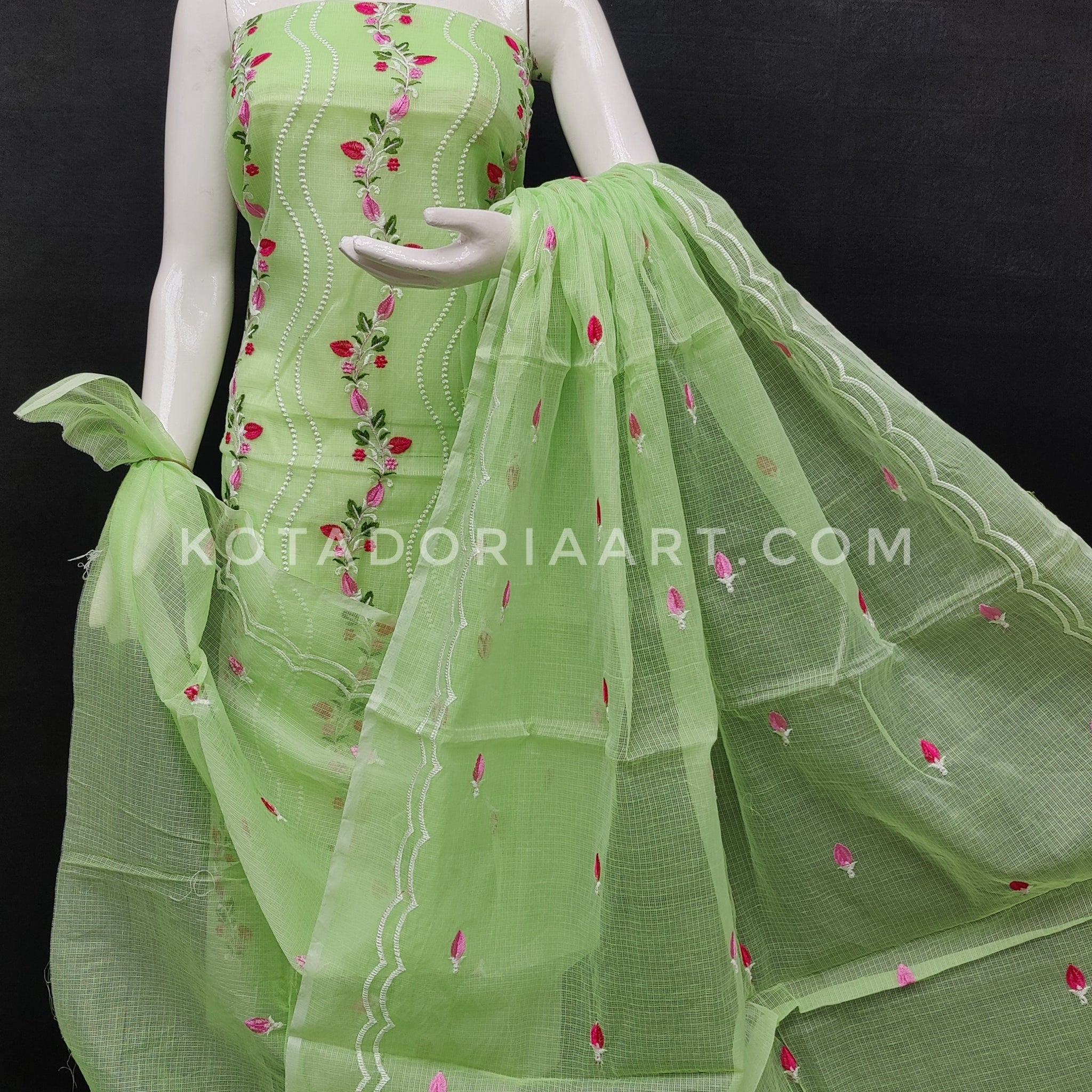 Green Kota Doria Cotton Embroidery Work Dress Material
