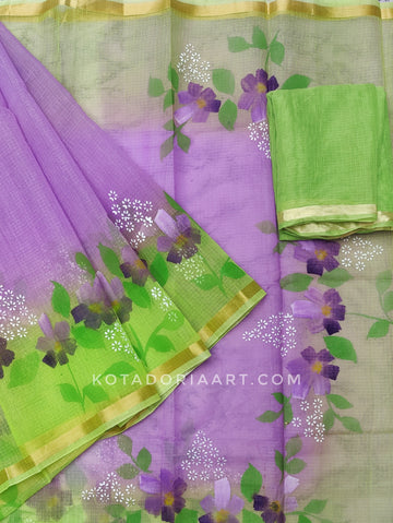 Purple Cotton Kota Doria Hand Painted Saree With Contrast Blouse