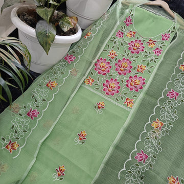 Green Kota Doria Cotton Embroidery Work Dress Material