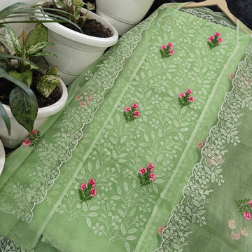 Green Kota Doria Cotton Embroidery Work Dress Material