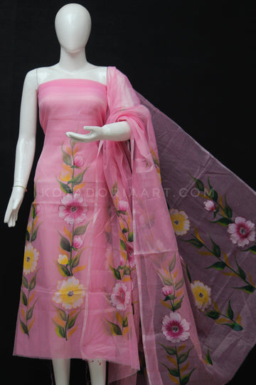 Pink Kota Doria Cotton Hand Pented Dress Material With Bottom.