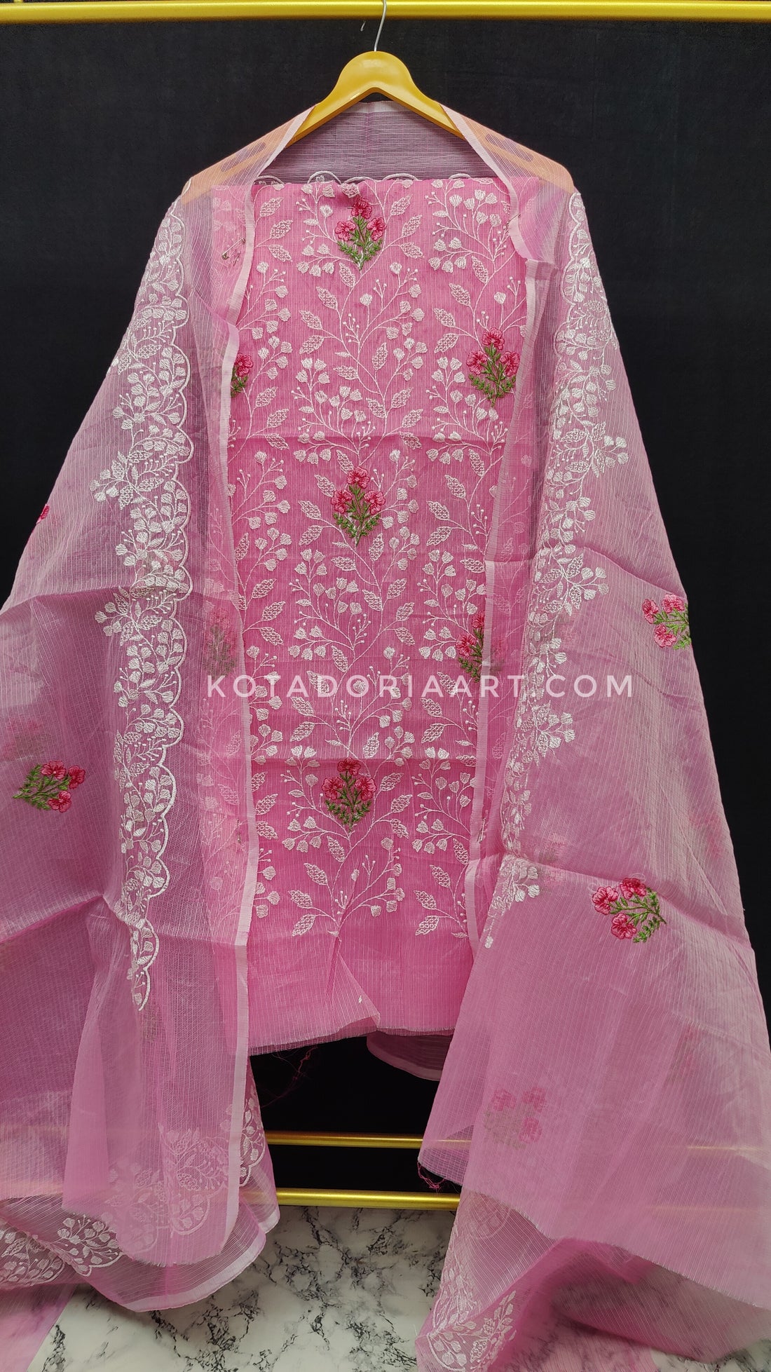 Pink Kota Doria Cotton Embroidery Work Dress Material -