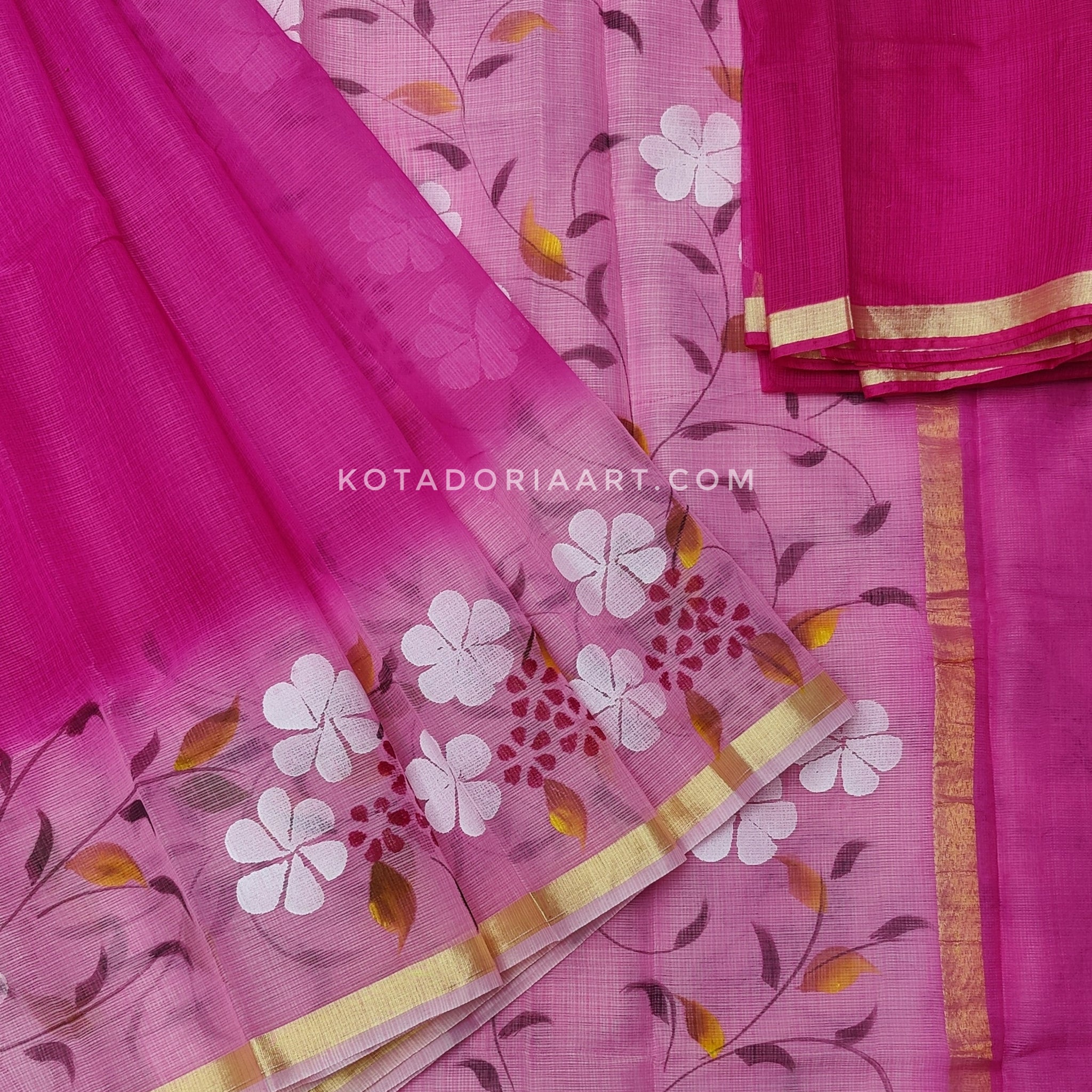 Raani Cotton Kota Doria Hand Painted Saree With Contrast Blouse
