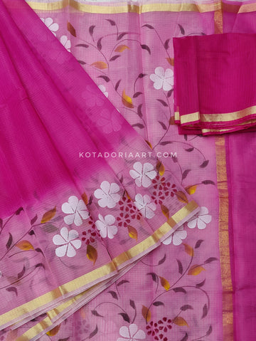 Raani Cotton Kota Doria Hand Painted Saree With Contrast Blouse