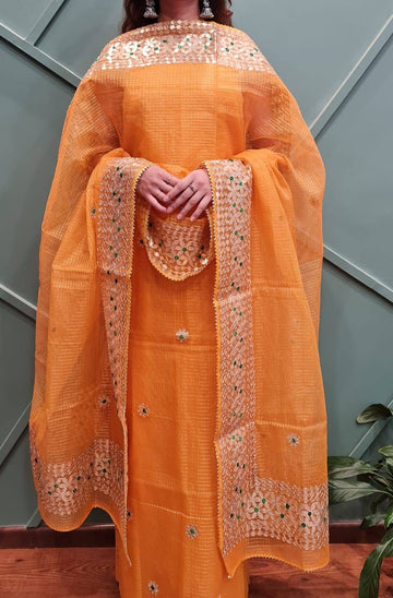 Lite Orange Kota Doria Cotton Gota-Patti Work Dress Material