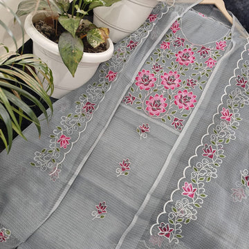 Gray Kota Doria Cotton Embroidery Work Dress Material