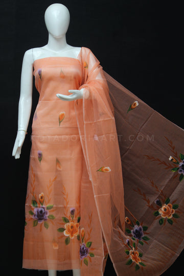 Orange Kota Doria Cotton Hand Pented Dress Material With Bottom.