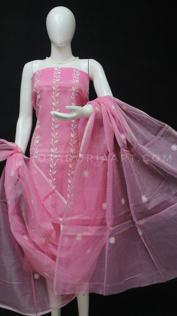 Pink Kota Doria Cotton Embroidery Work Dress Material