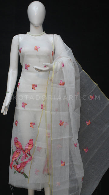 White Kota Doria Cotton Embroidery Work Dress Material