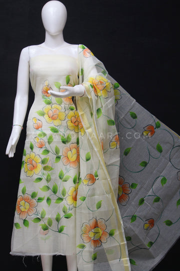Cream Kota Doria Cotton Hand Pented Dress Material With Bottom.