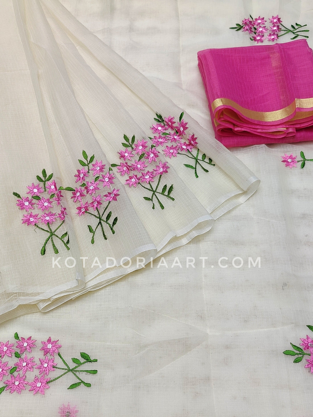 Off White Cotton Kota Doria Embroidery Work Saree With Contrast Blouse Piece