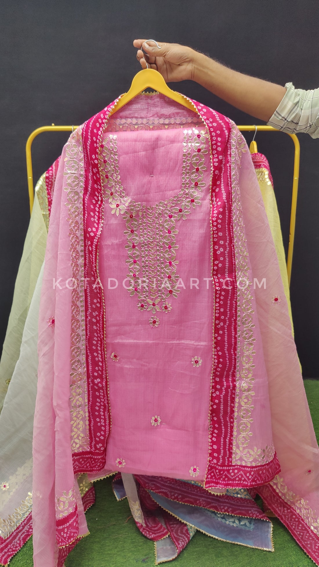 Pink Bandhej Border Kota Doria Cotton Gota-Patti Work Dress Material