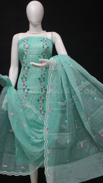Sea Green Kota Doria Cotton Embroidery Work Dress Material