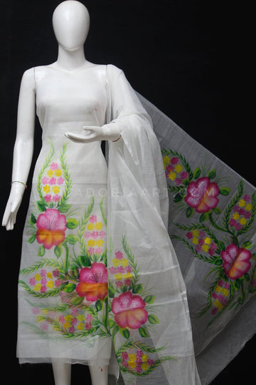 C4 White Kota Doria Cotton Hand Pented Dress Material With Bottom.