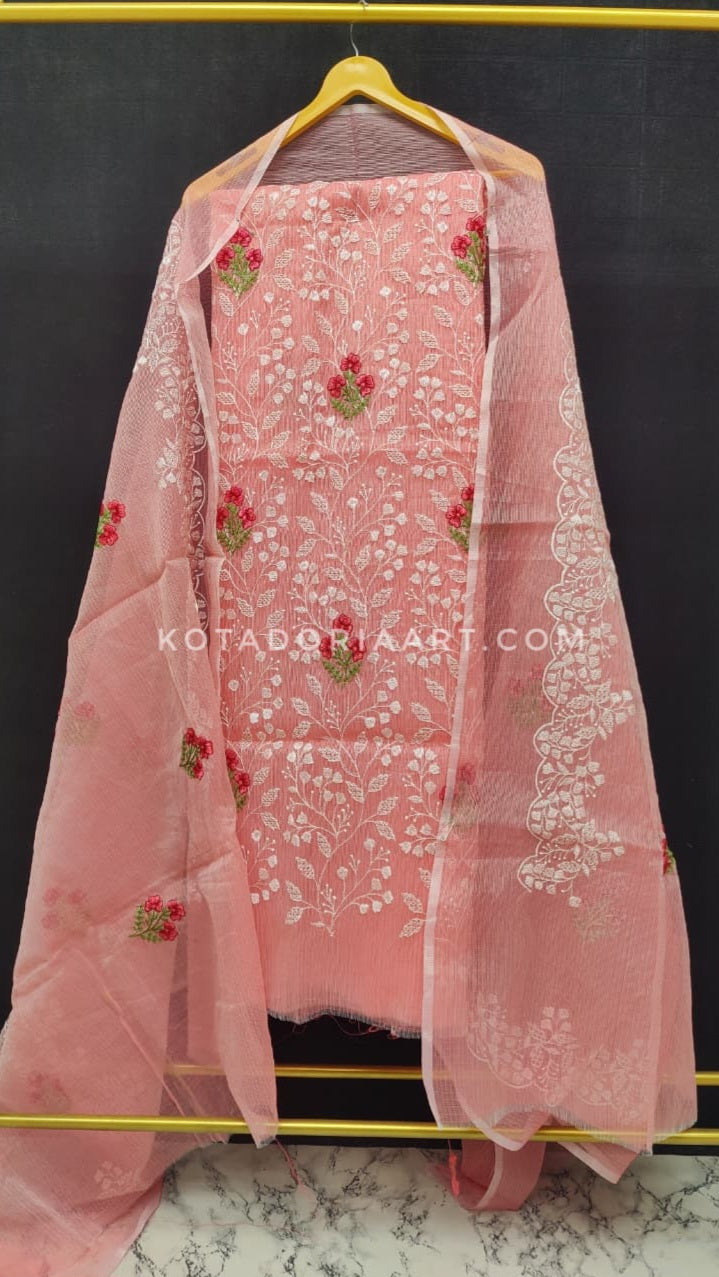 Peach Kota Doria Cotton Embroidery Work Dress Material -