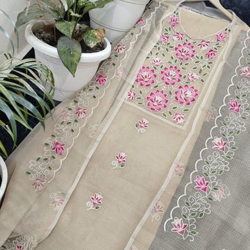 Beige Kota Doria Cotton Embroidery Work Dress Material