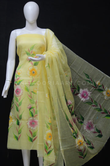 Yellow Kota Doria Cotton Hand Pented Dress Material With Bottom.