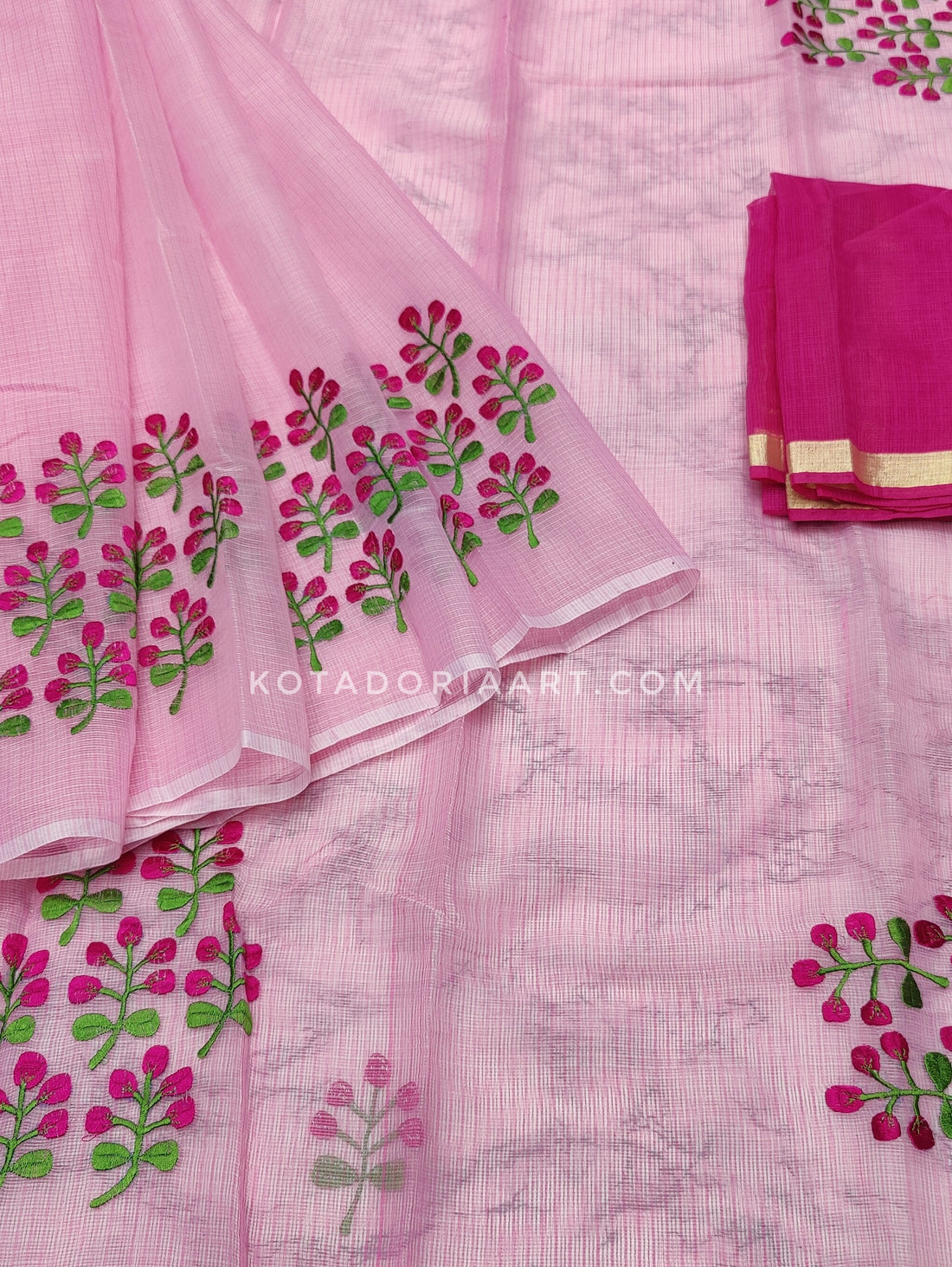 Pink Cotton Kota Doria Embroidery Work Saree With Contrast Blouse Piece