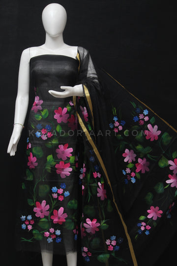 Black Kota Doria Cotton Hand Pented Dress Material With Bottom.