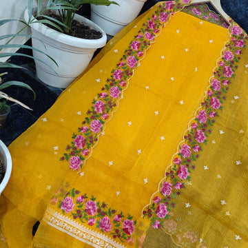 Yellow Kota Doria Cotton Embroidery Work Dress Material