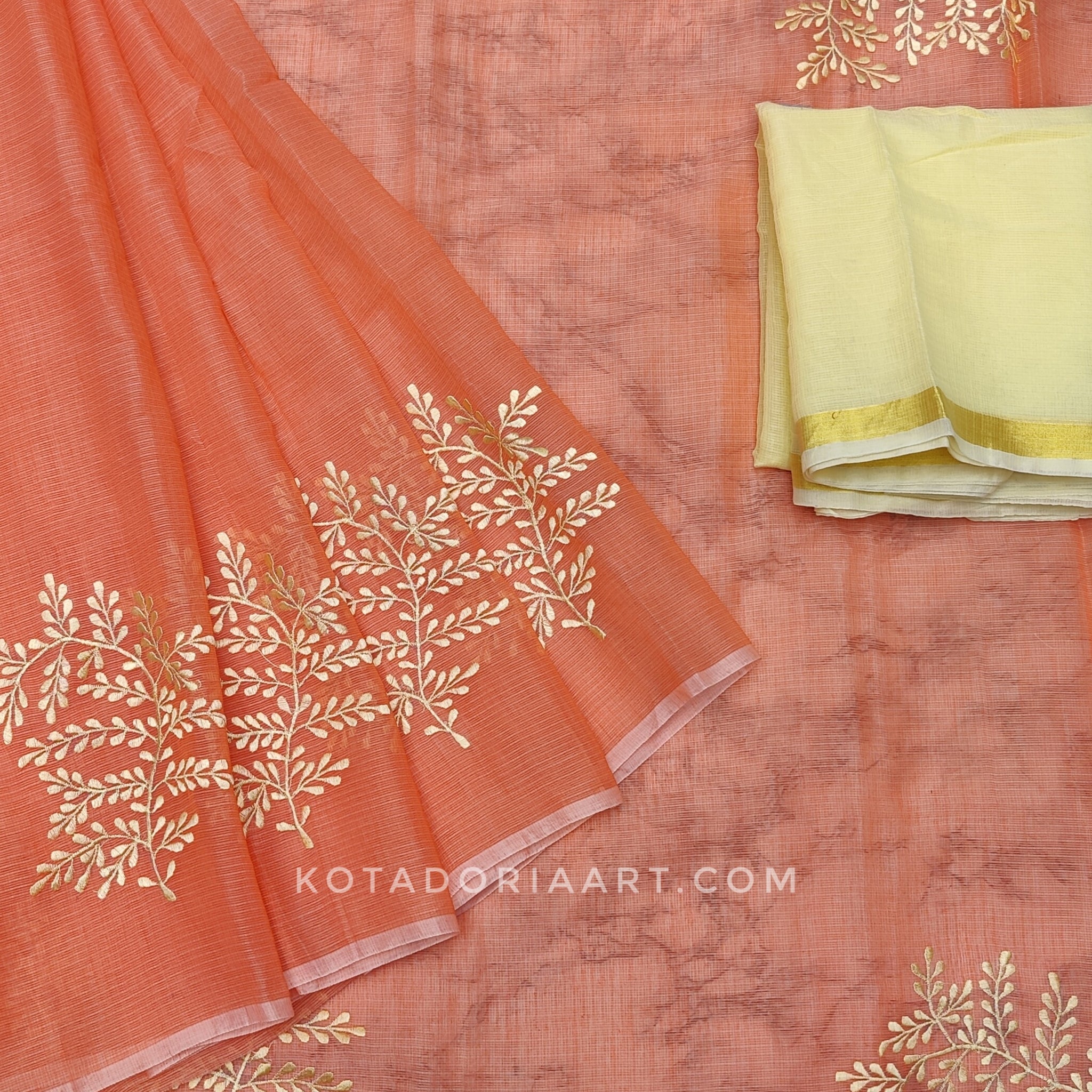 Orange Cotton Kota Doria Embroidery Work Saree With Contrast Blouse Piece
