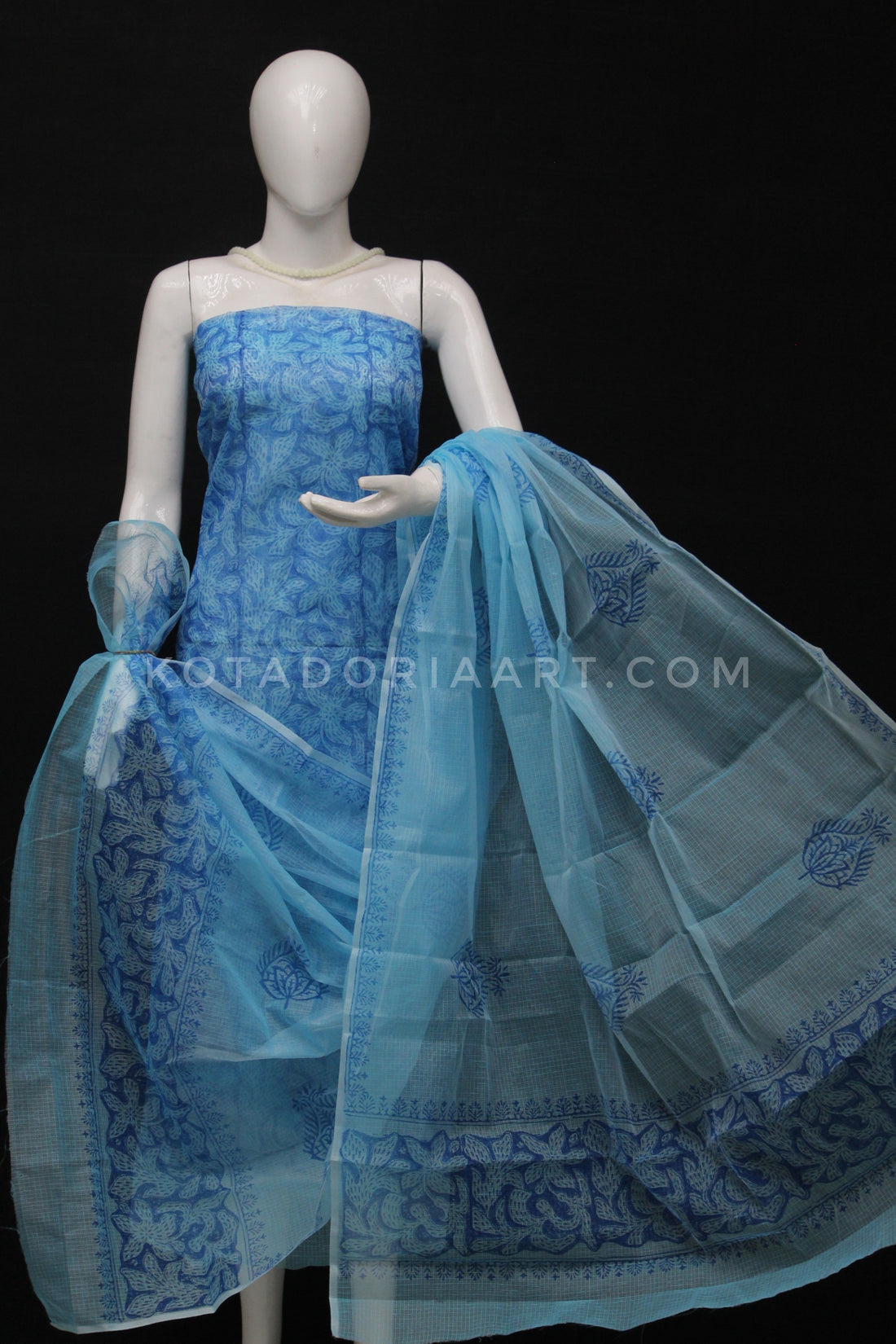 Sky-blue Kota Doria Cotton Block Printed Dress Material