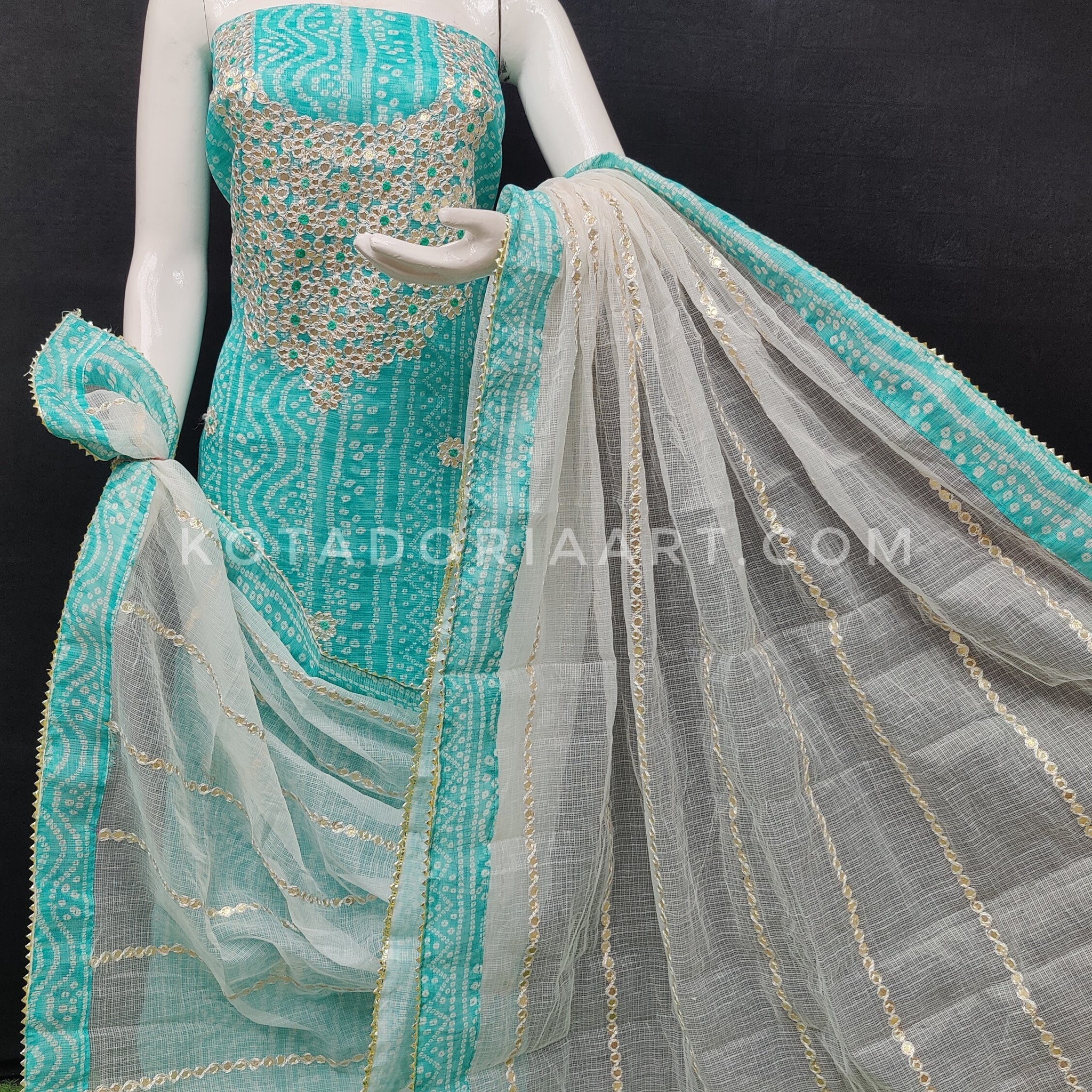 Sea-Green Bandhej Kota Doria Cotton Gota-Patti Work Dress Material