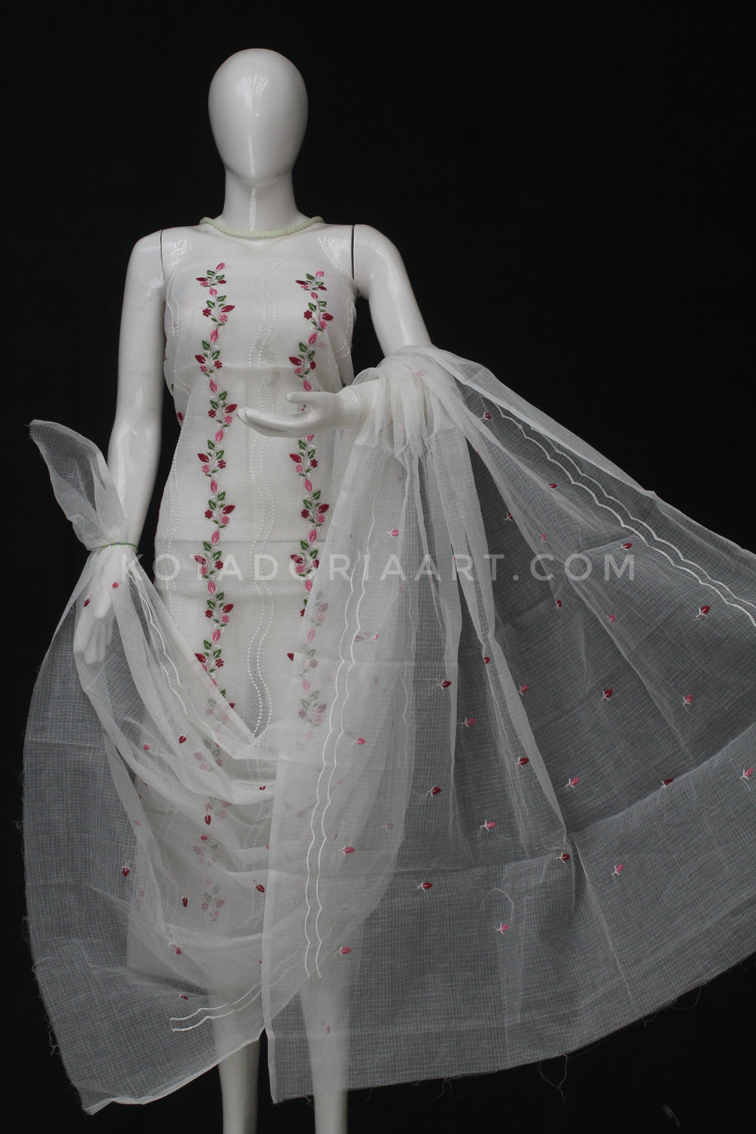 White Kota Doria Cotton Embroidery Work Dress Material