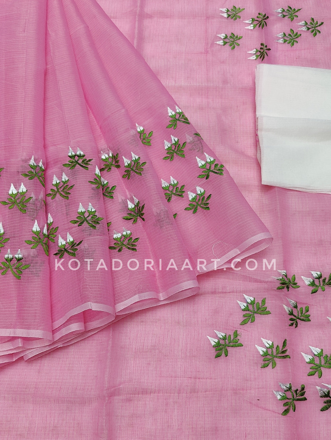 Pink White Cotton Kota Doria Embroidery Work Saree With Contrast Blouse Piece
