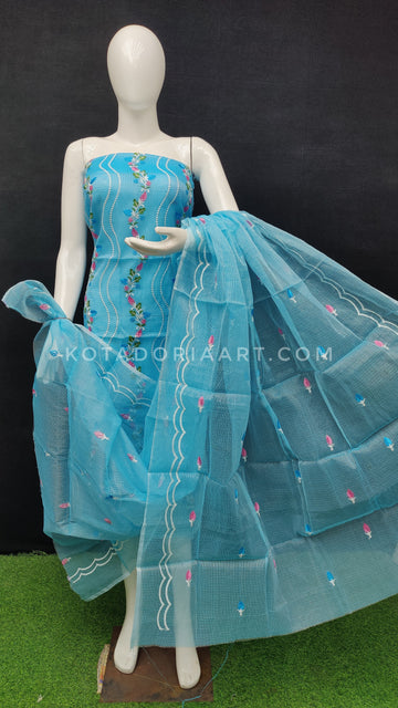 Sky-blue Kota Doria Cotton Embroidery Work Dress Material