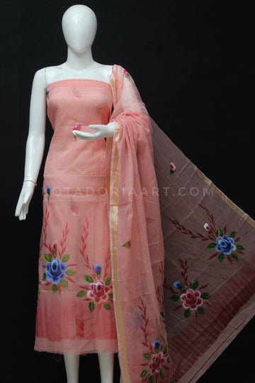 Peach Kota Doria Cotton Hand Pented Dress Material With Bottom.