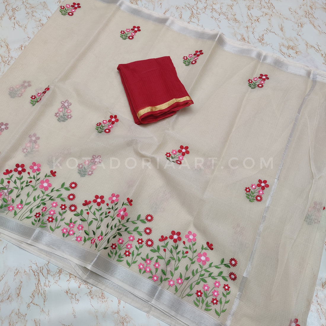 Beige Cotton Kota Doria Embroidery Work Saree With Contrast Blouse Piece