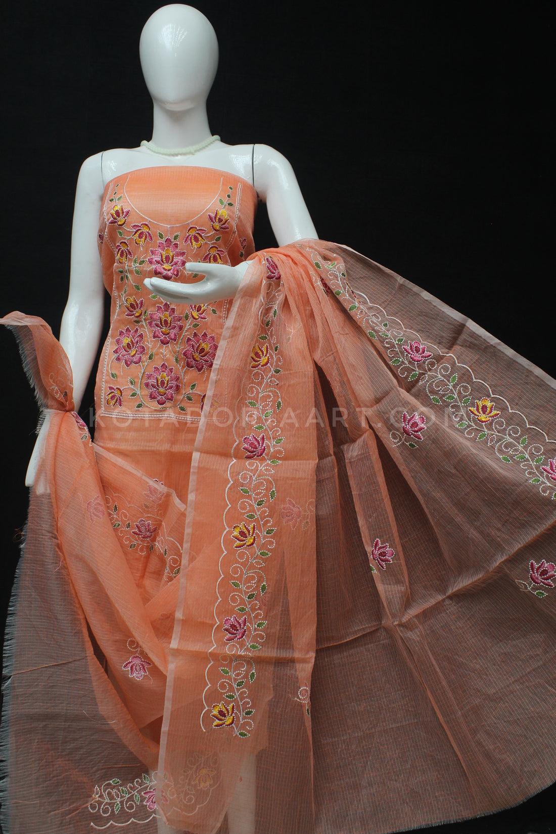 Orange Kota Doria Cotton Embroidery Work Dress Material With Bottom