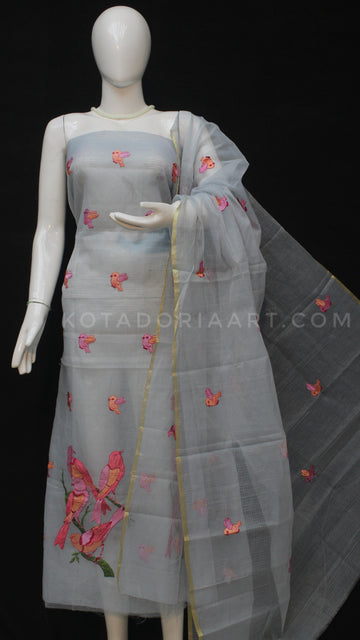 Gray Kota Doria Cotton Embroidery Work Dress Material