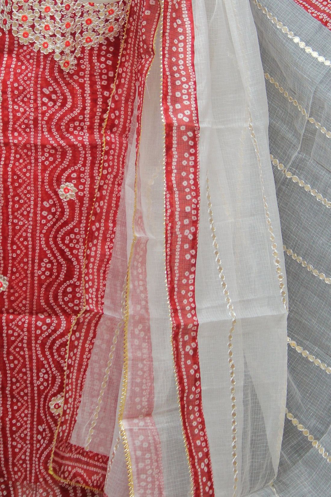 Red Bandhej Kota Doria Cotton Gota-Patti Work Dress Material