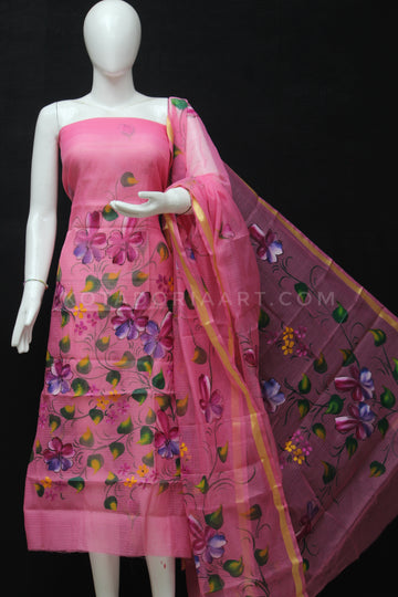 Pink Kota Doria Cotton Hand Pented Dress Material With Bottom.