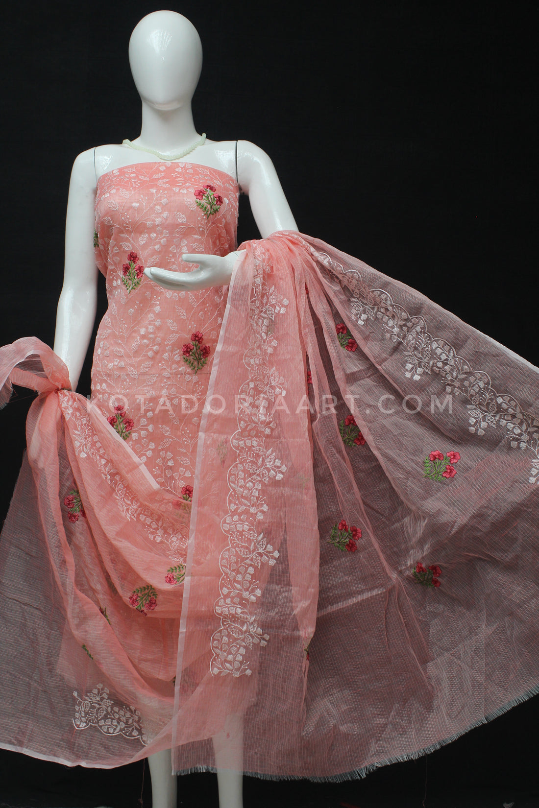 Peach Kota Doria Cotton Embroidery Work Dress Material -