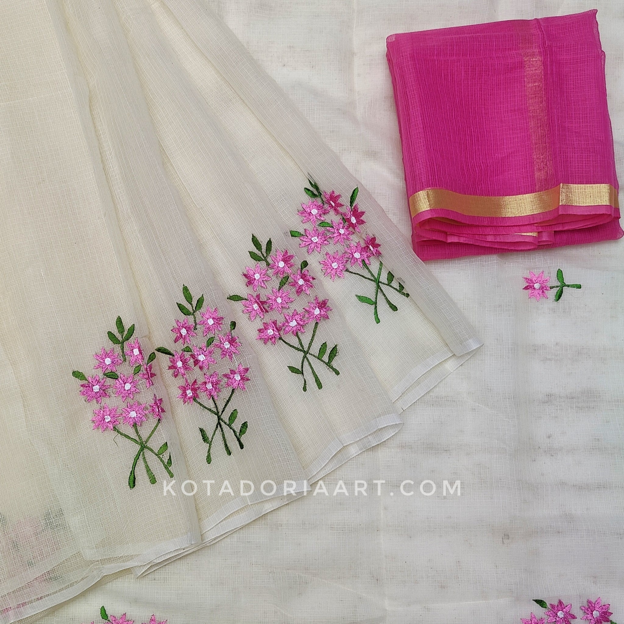 Off White Cotton Kota Doria Embroidery Work Saree With Contrast Blouse Piece