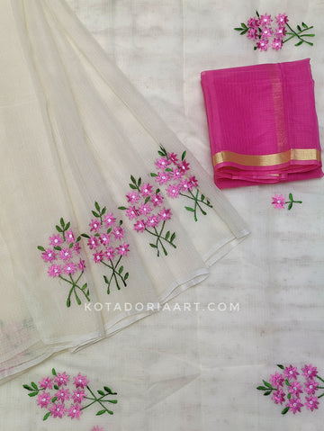 Off White Cotton Kota Doria Embroidery Work Saree With Contrast Blouse Piece