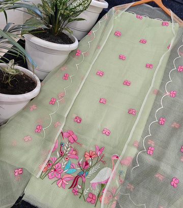 Mint-Green Doria Cotton Embroidery Work Dress Material