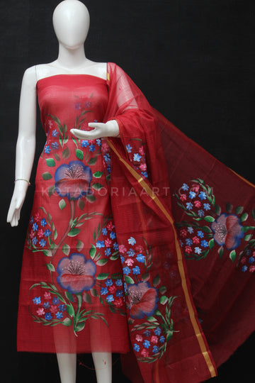A8 - Red Kota Doria Cotton Hand Pented Dress Material With Bottom.