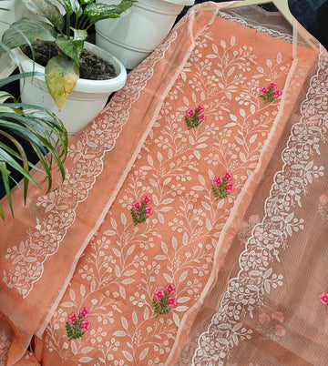 Orange Kota Doria Cotton Embroidery Work Dress Material