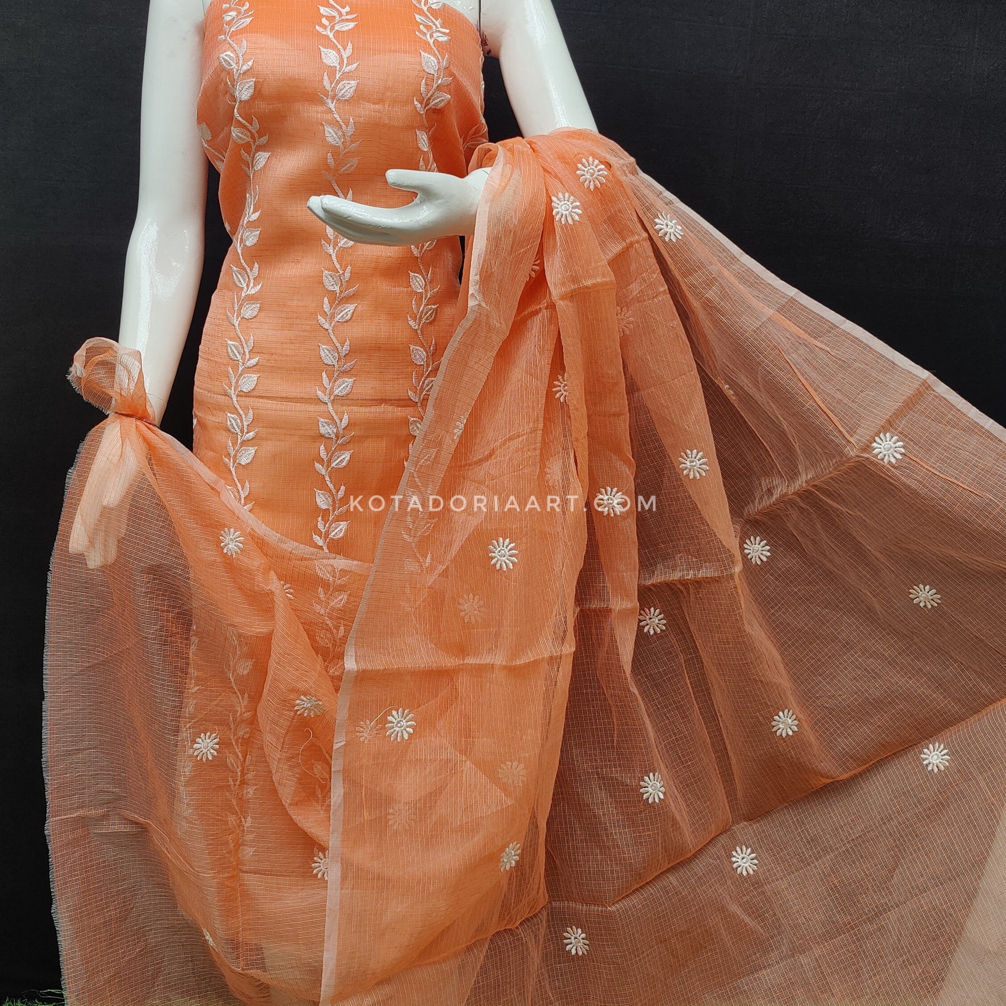 Orange Kota Doria Cotton Embroidery Work Dress Material