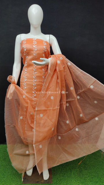 Orange Kota Doria Cotton Embroidery Work Dress Material