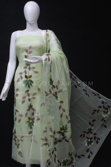Pista-Green Kota Doria Cotton Hand Pented Dress Material With Bottom.