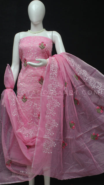 Pink Kota Doria Cotton Embroidery Work Dress Material -
