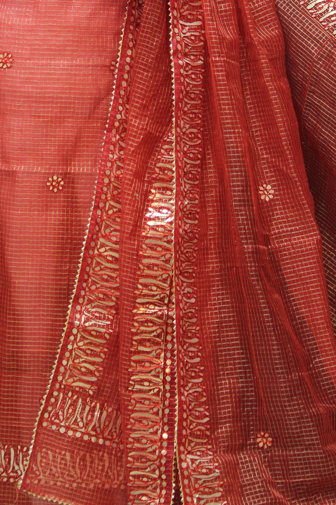 Red Kota Doria Cotton Gota-Patti Work Dress Material with Bottom