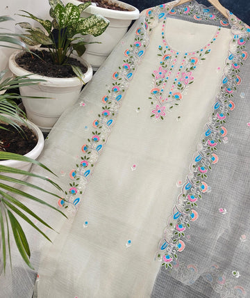 White Kota Doria Cotton Embroidery Work Dress Material