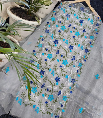 Gray Doria Cotton Embroidery Work Dress Material