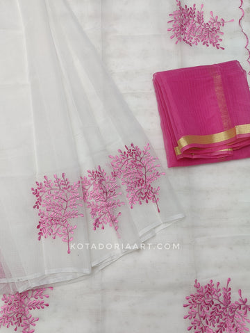 White Cotton Kota Doria Embroidery Work Saree With Contrast Blouse Piece
